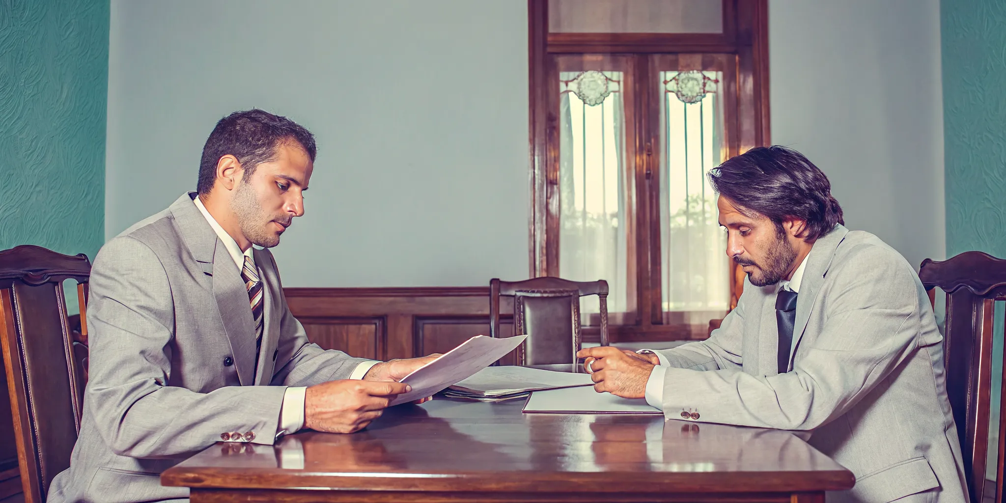 Plaintiff attorney reviewing nonprofit legal funding paperwork with a client in a professional law office