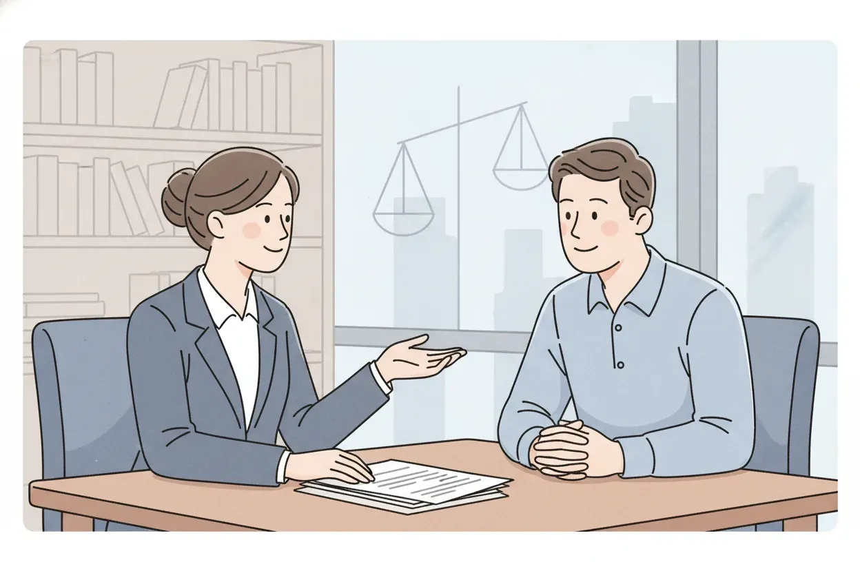 Attorney and client discussing ethical litigation funding in a professional office
