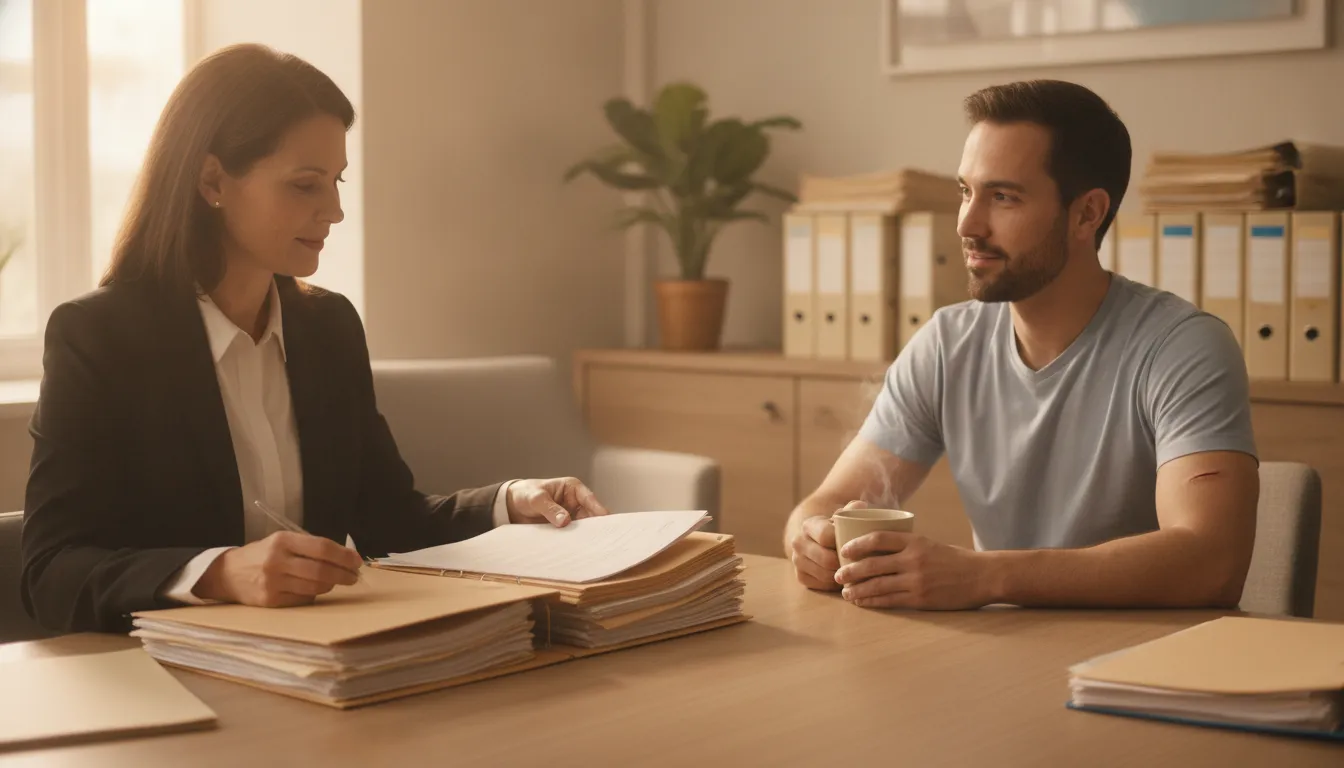A plaintiff attorney reviewing case notes while a personal injury client looks on during a respectful consultation