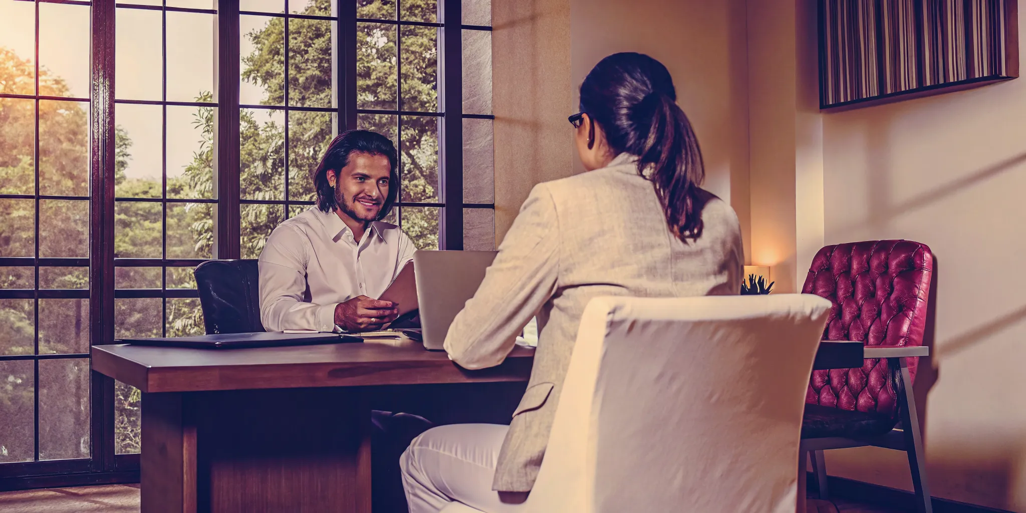 New Jersey attorney reviewing a litigation funding disclosure with a client in a law office