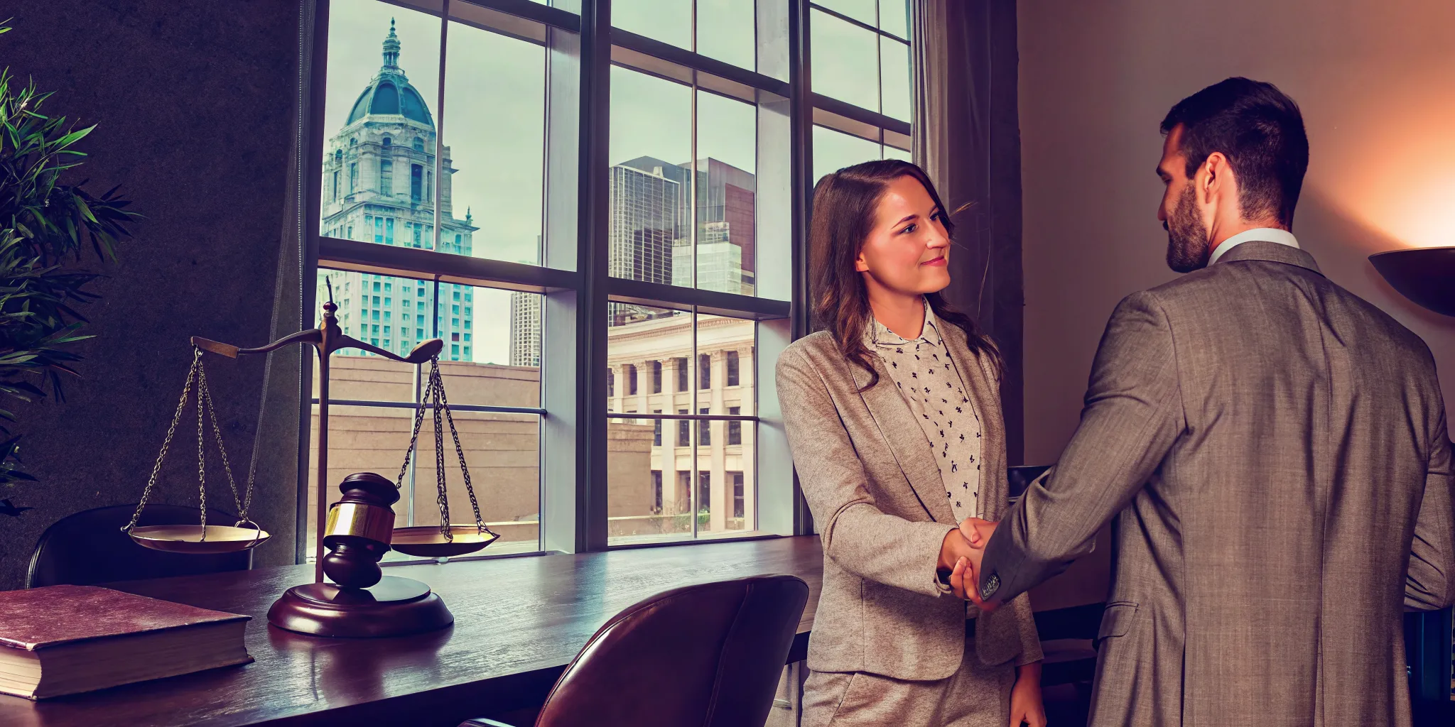 Attorney shaking hands with a client in a modern law office with the Philadelphia skyline visible