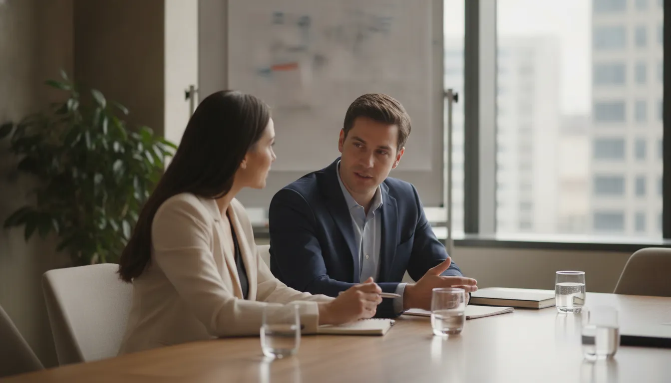 Attorney speaking with a client in a conference room about transparent nonprofit litigation funding