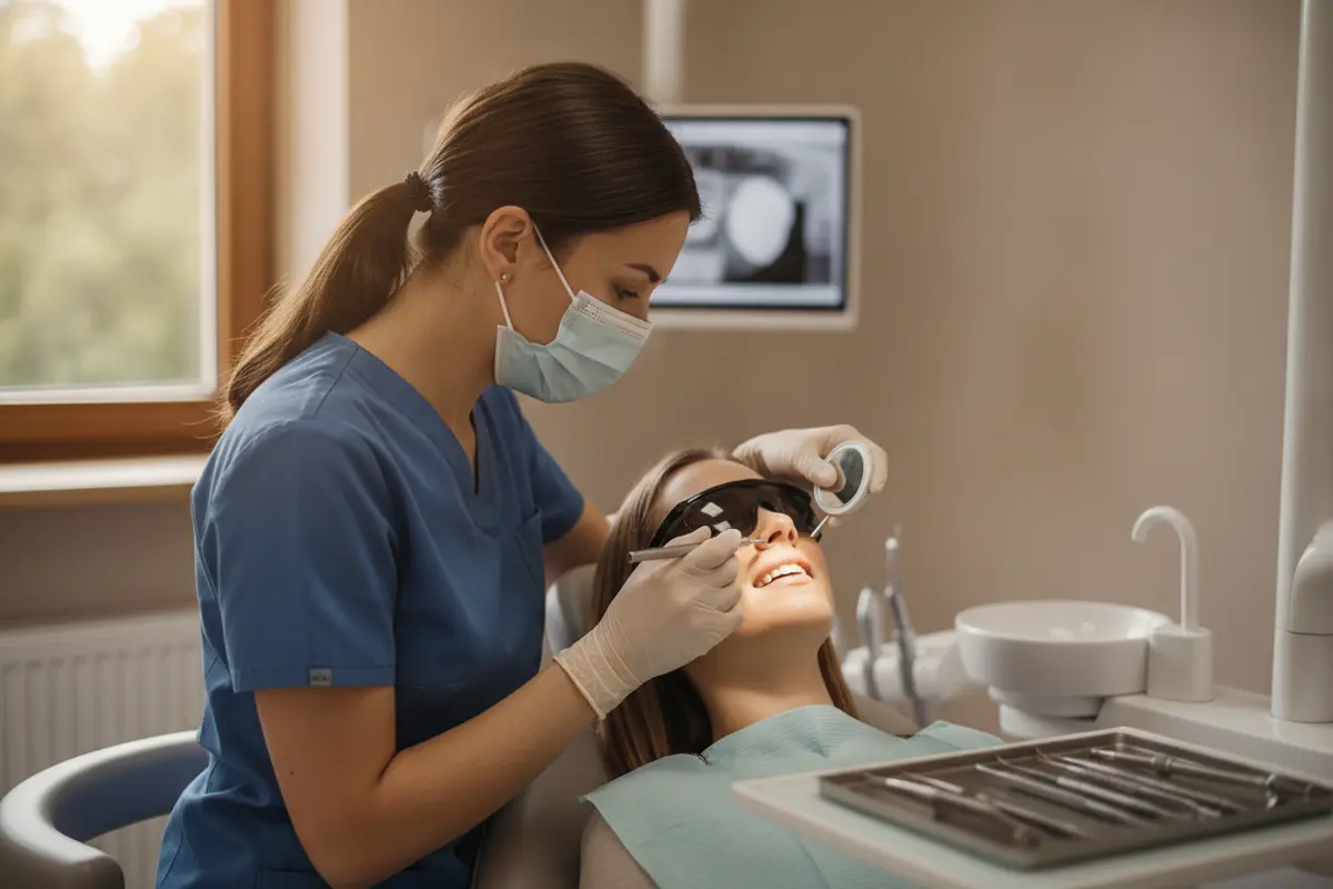 A dentist checks a patient's front tooth during an examination