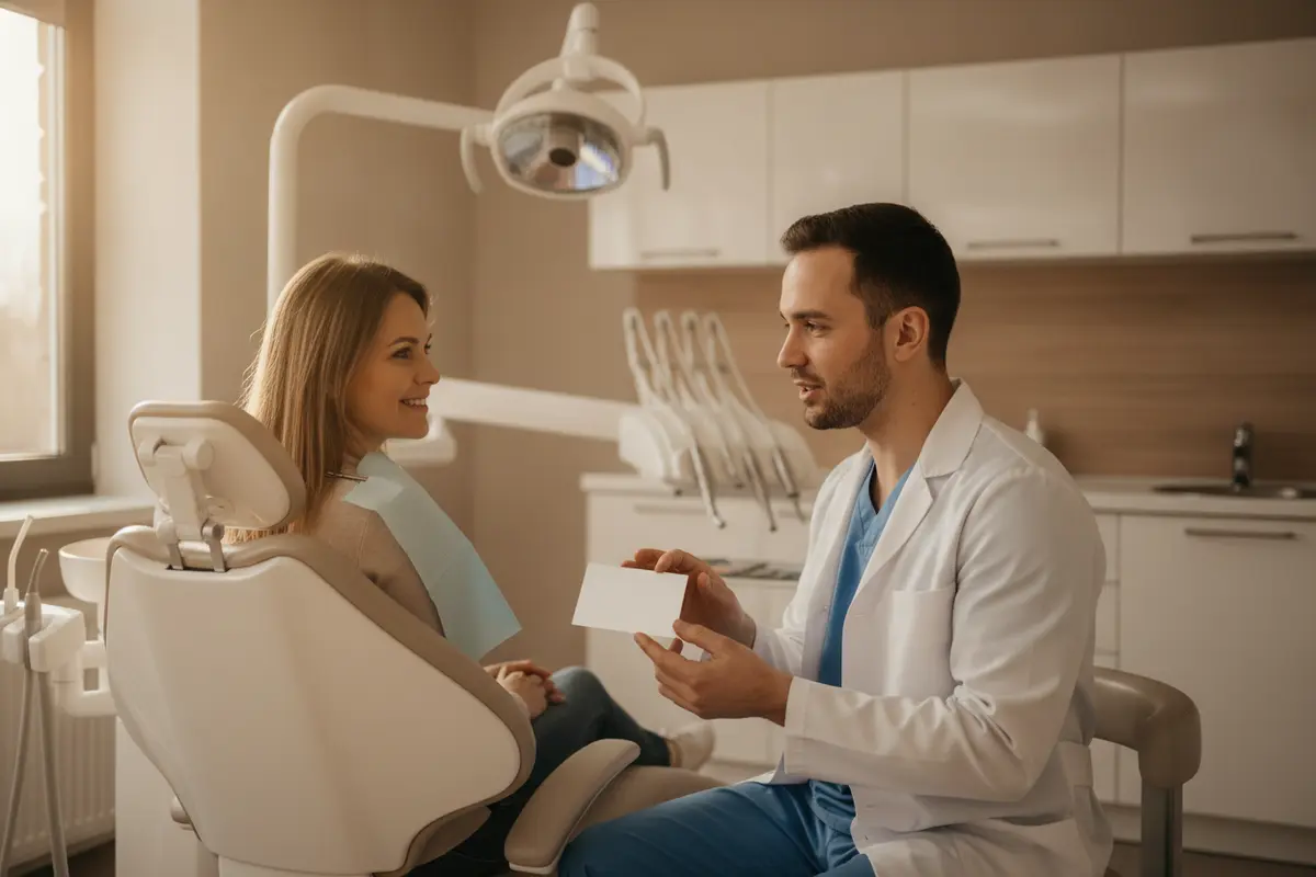 A patient discusses a dental appointment with a team member in a bright operatory