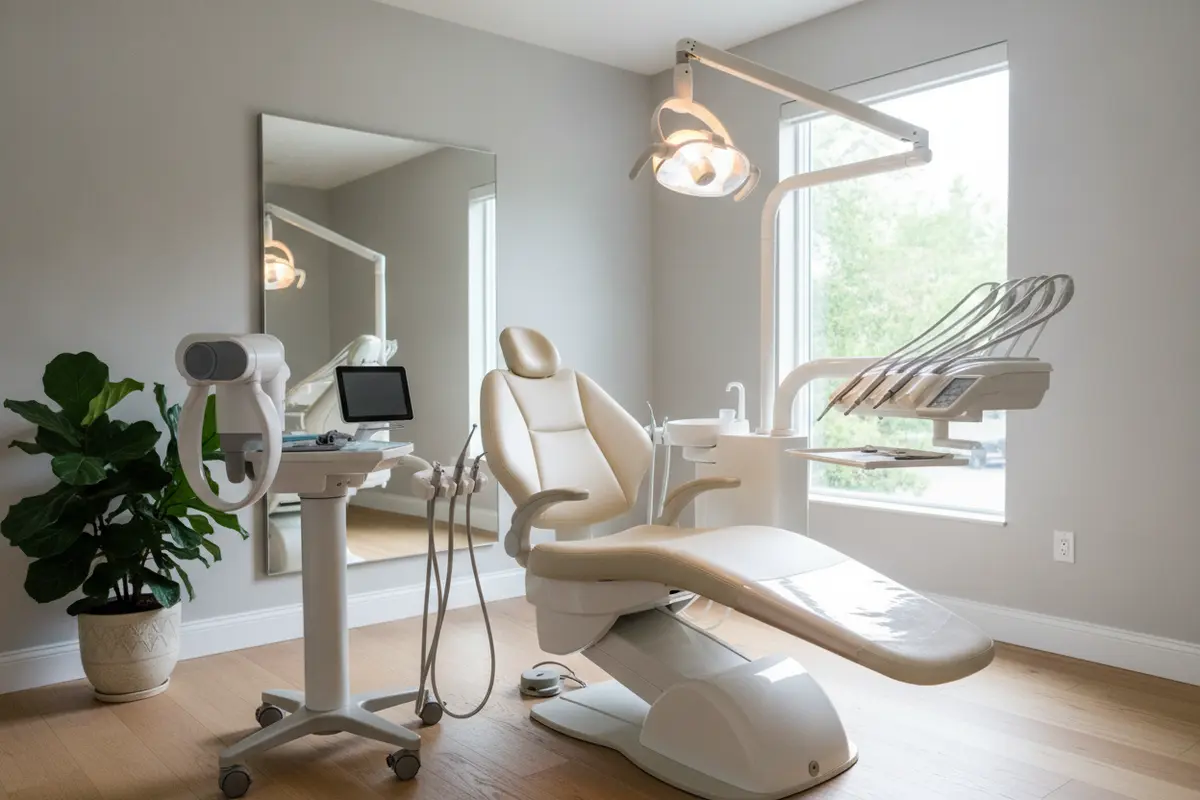 An empty, modern dental treatment room with a dental chair and diagnostic equipment