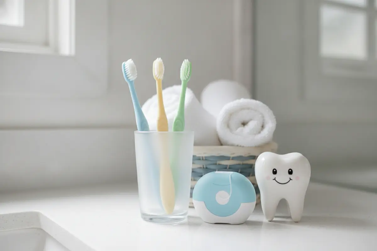 Child-sized toothbrushes, floss, and a dental model arranged on a clean bathroom counter