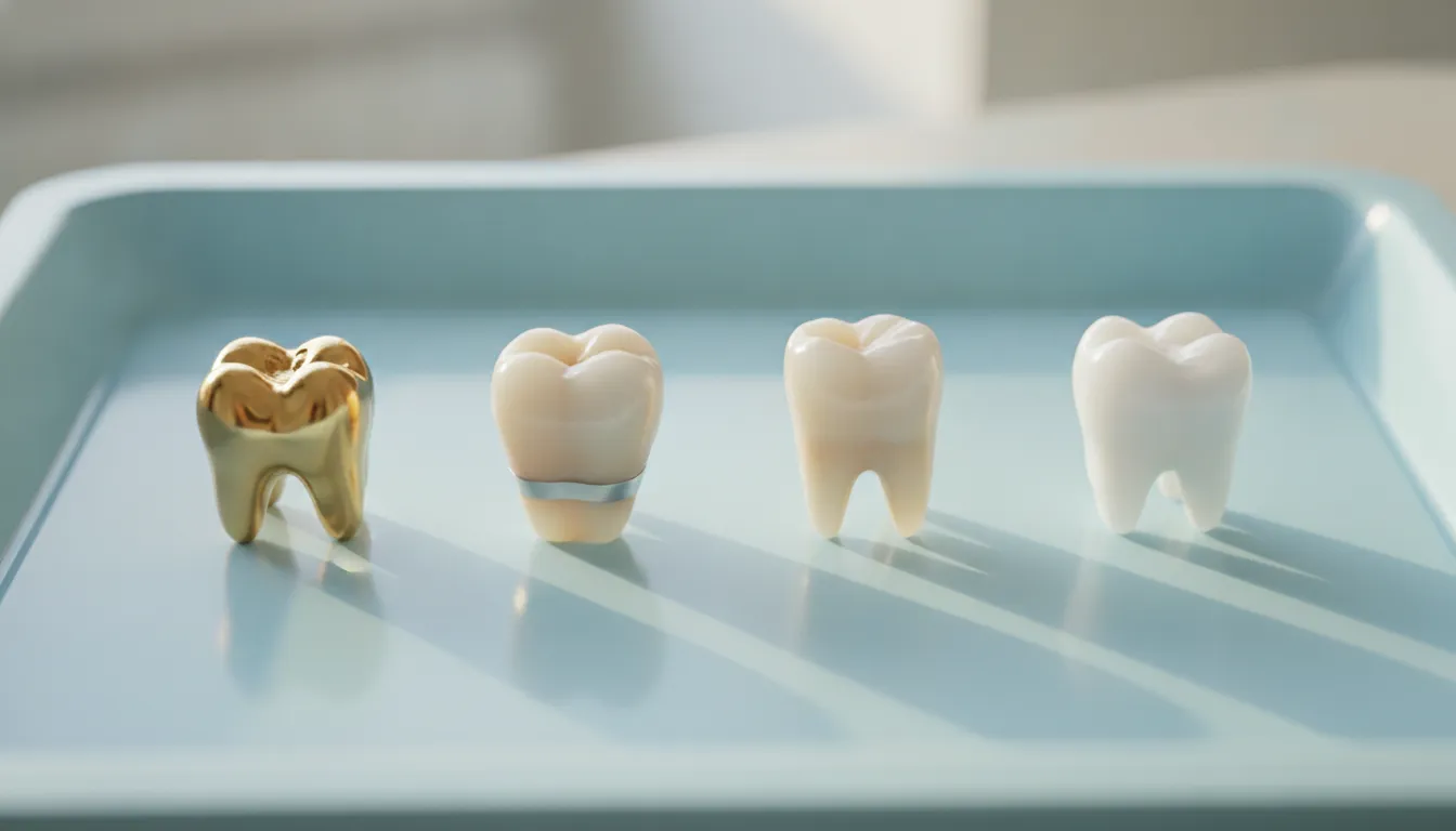 Four unlabeled dental crown samples on a tray: gold alloy, porcelain fused to metal, translucent ceramic, and solid zirconia