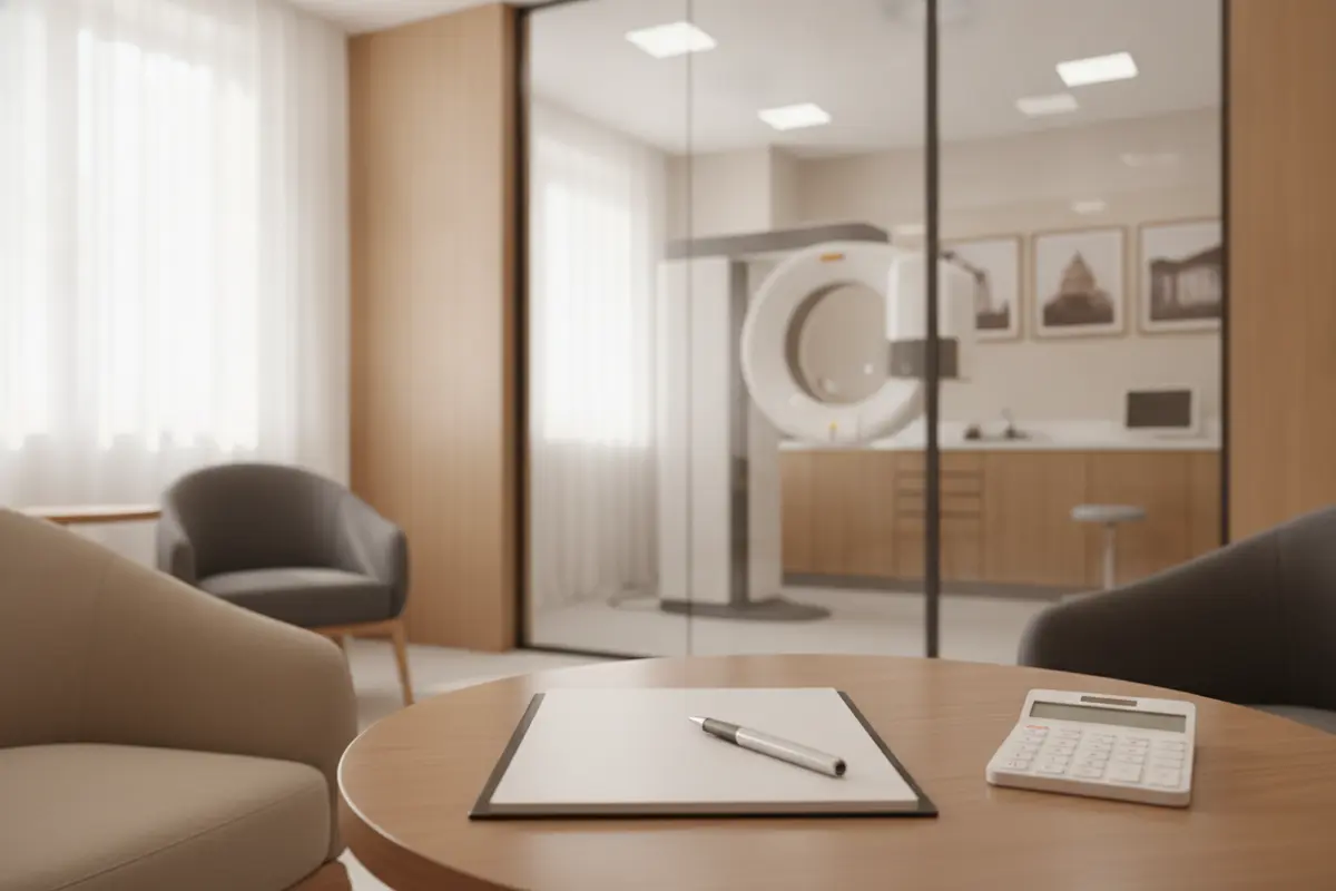 Dental consultation room with imaging equipment and a blank notepad for reviewing care options