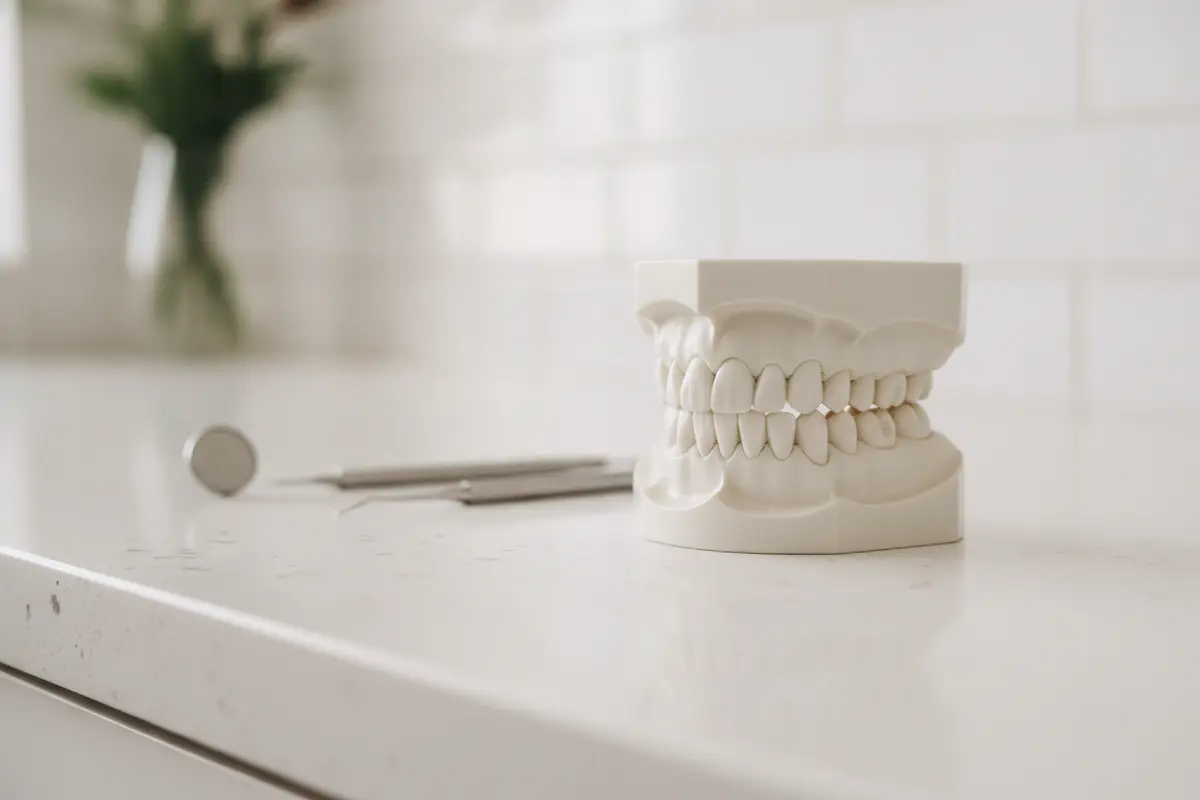 Dental model showing overlapping front teeth beside a toothbrush