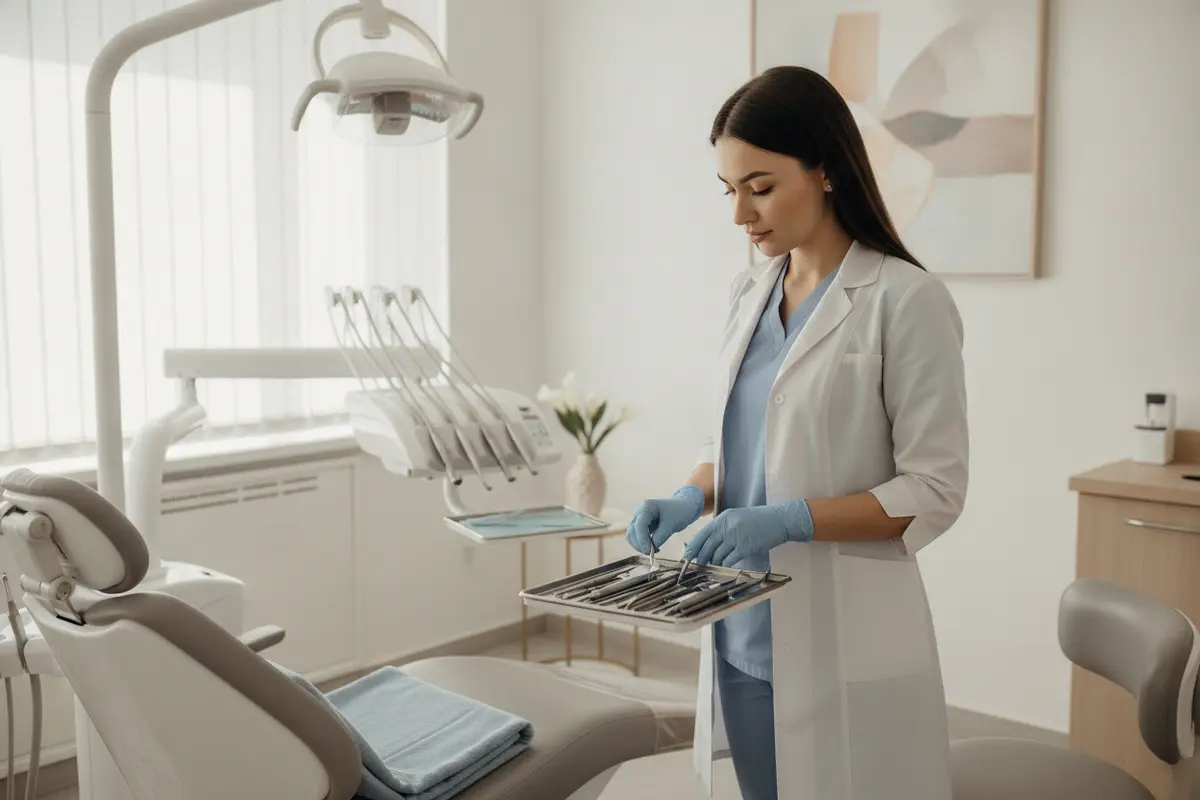 Dental professional preparing instruments for a routine cleaning in a bright dental operatory