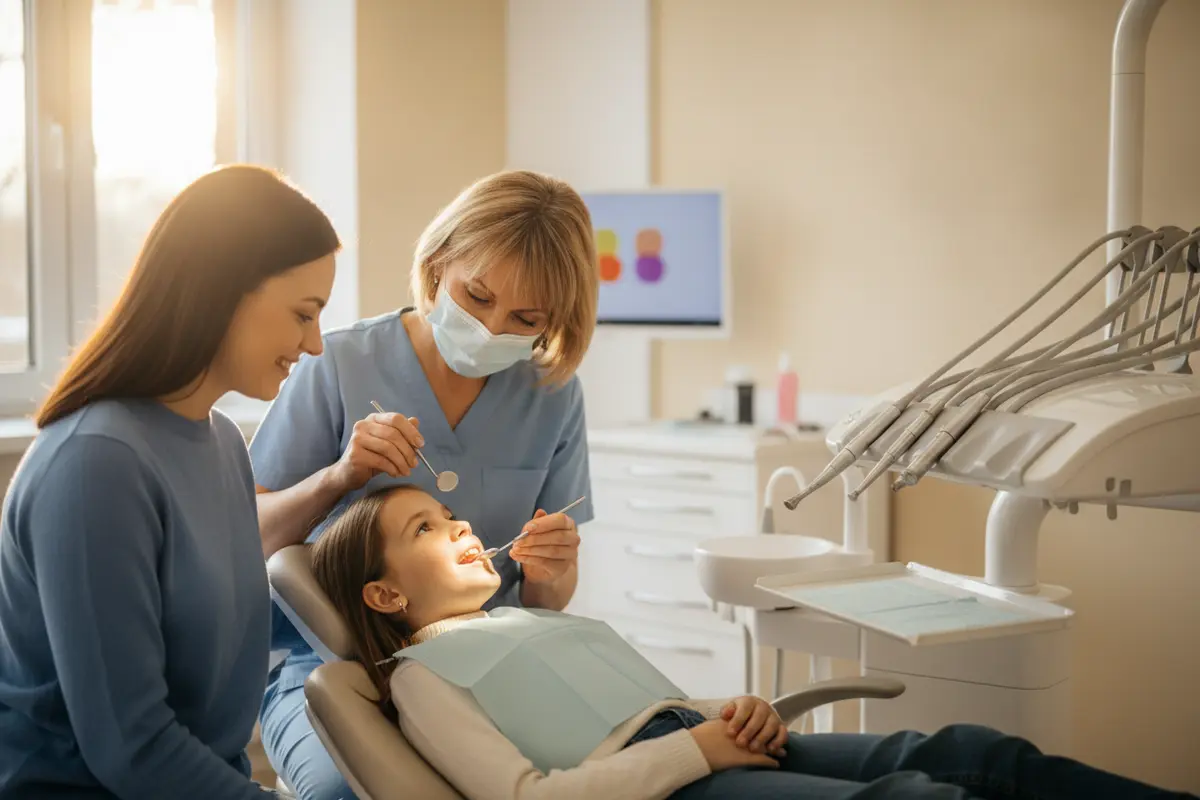 Dentist providing urgent pediatric dental care while a parent comforts a child in a calm treatment room