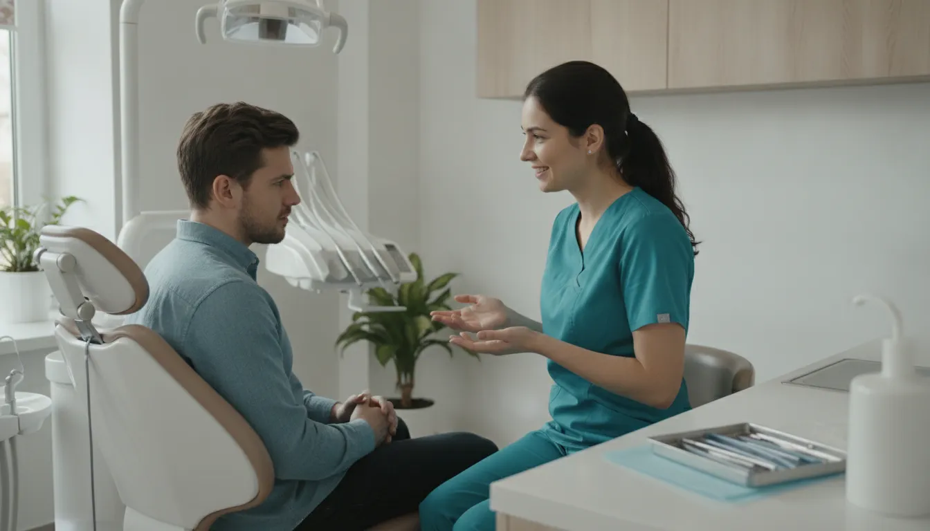 Compassionate dentist speaking calmly with a nervous patient