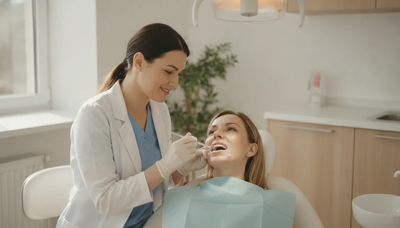 Dentist applying protective fluoride varnish to an adult patient's teeth