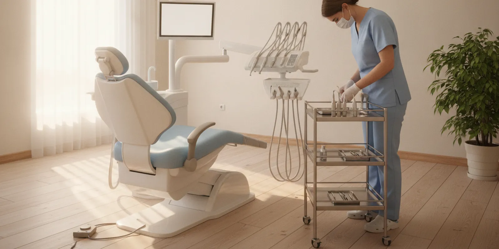 Dental professional preparing instruments for a routine cleaning in a bright dental operatory