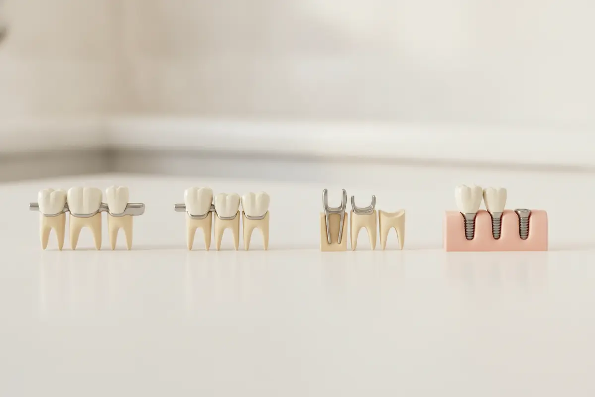 Illustration comparing traditional, cantilever, Maryland, and implant-supported dental bridge designs