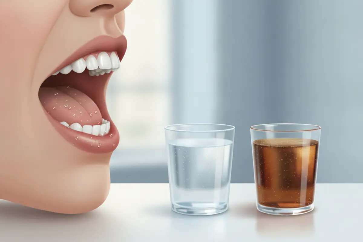 Illustration of how reduced saliva and frequent sugary drinks can affect cavity risk
