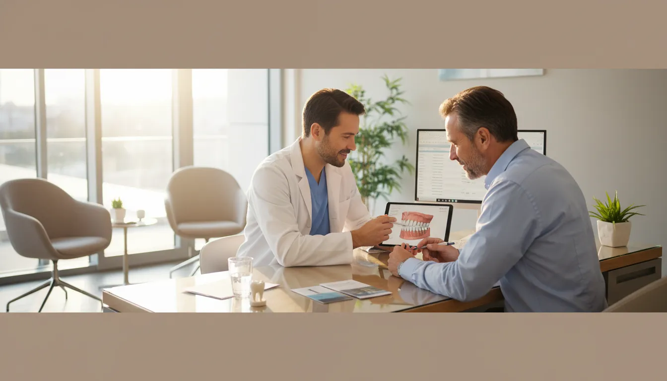 Dentist reviewing dental implant cost factors with a Lowell patient