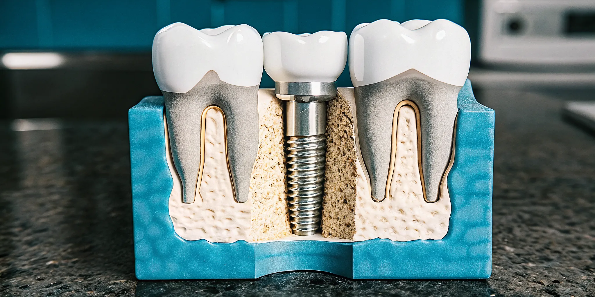 A professional 3D diagram illustrating the components of a dental implant: the titanium post, connector abutment, and custom porcelain crown.