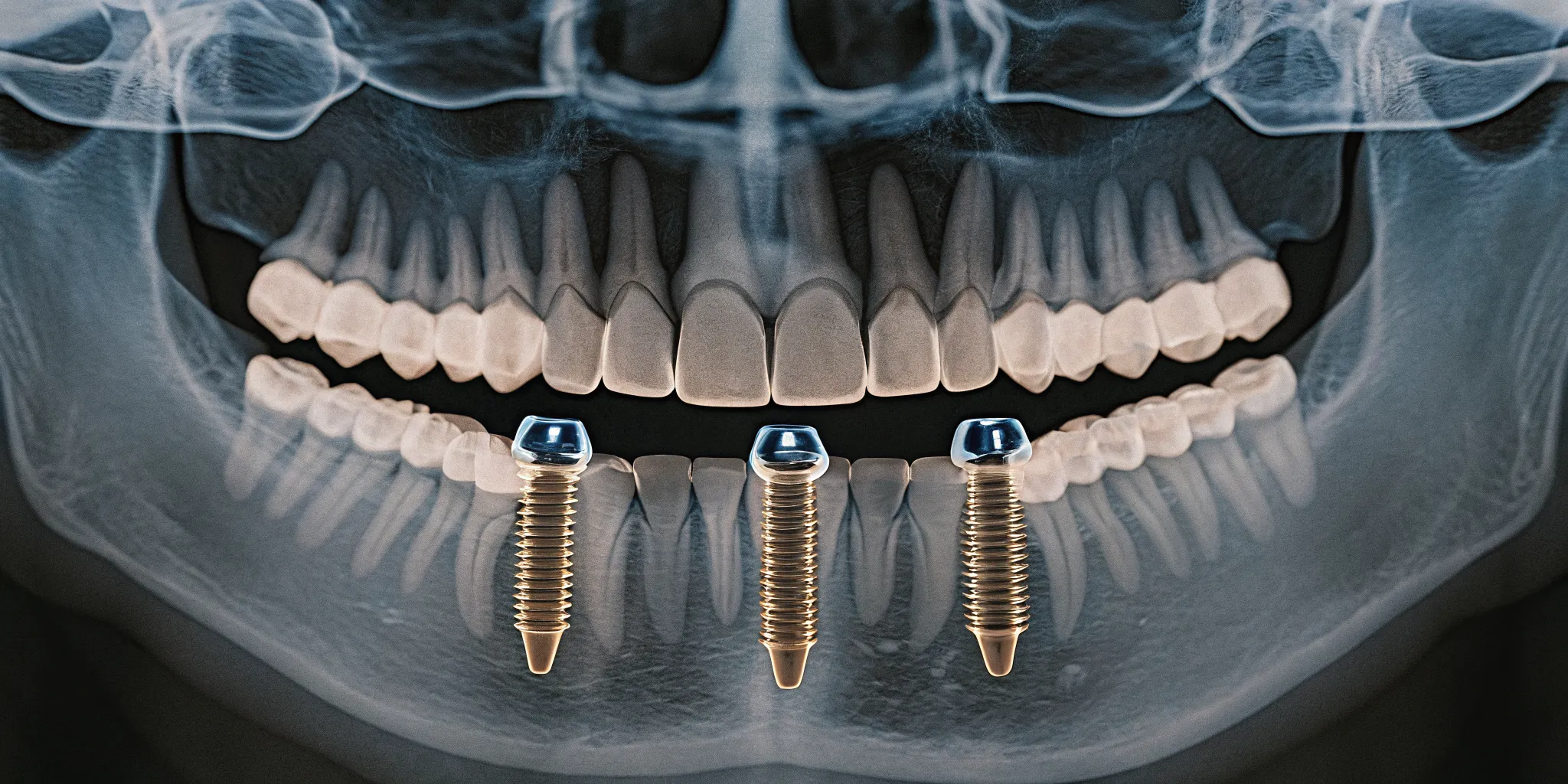 Dental diagram showing the All-on-4 technique with four titanium implant posts placed at precise angles in the jawbone to support a full arch restoration