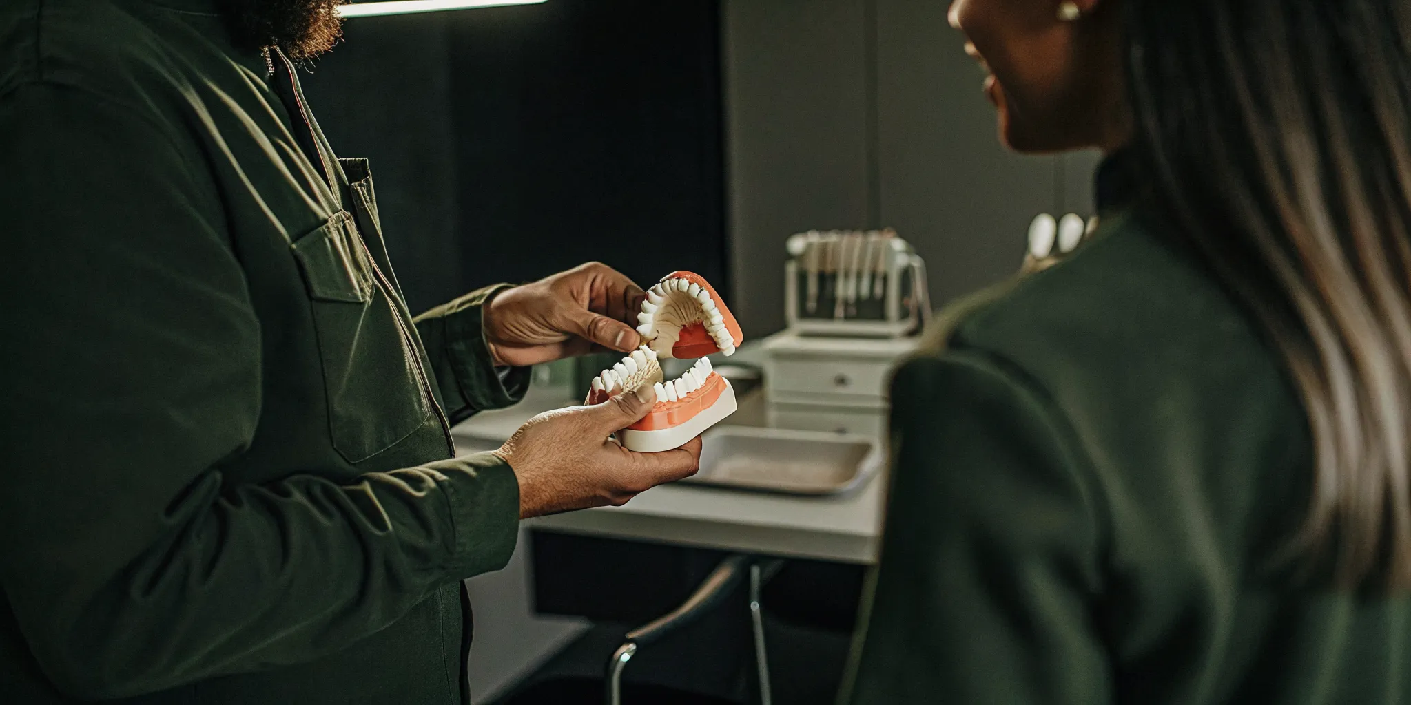 A Lowell Family Dental Practice dentist demonstrating proper dental care using a professional model of healthy teeth and gums