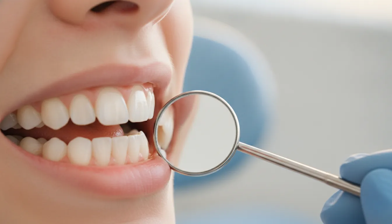 Dentist explaining a tooth-colored filling near the gumline with a dental model