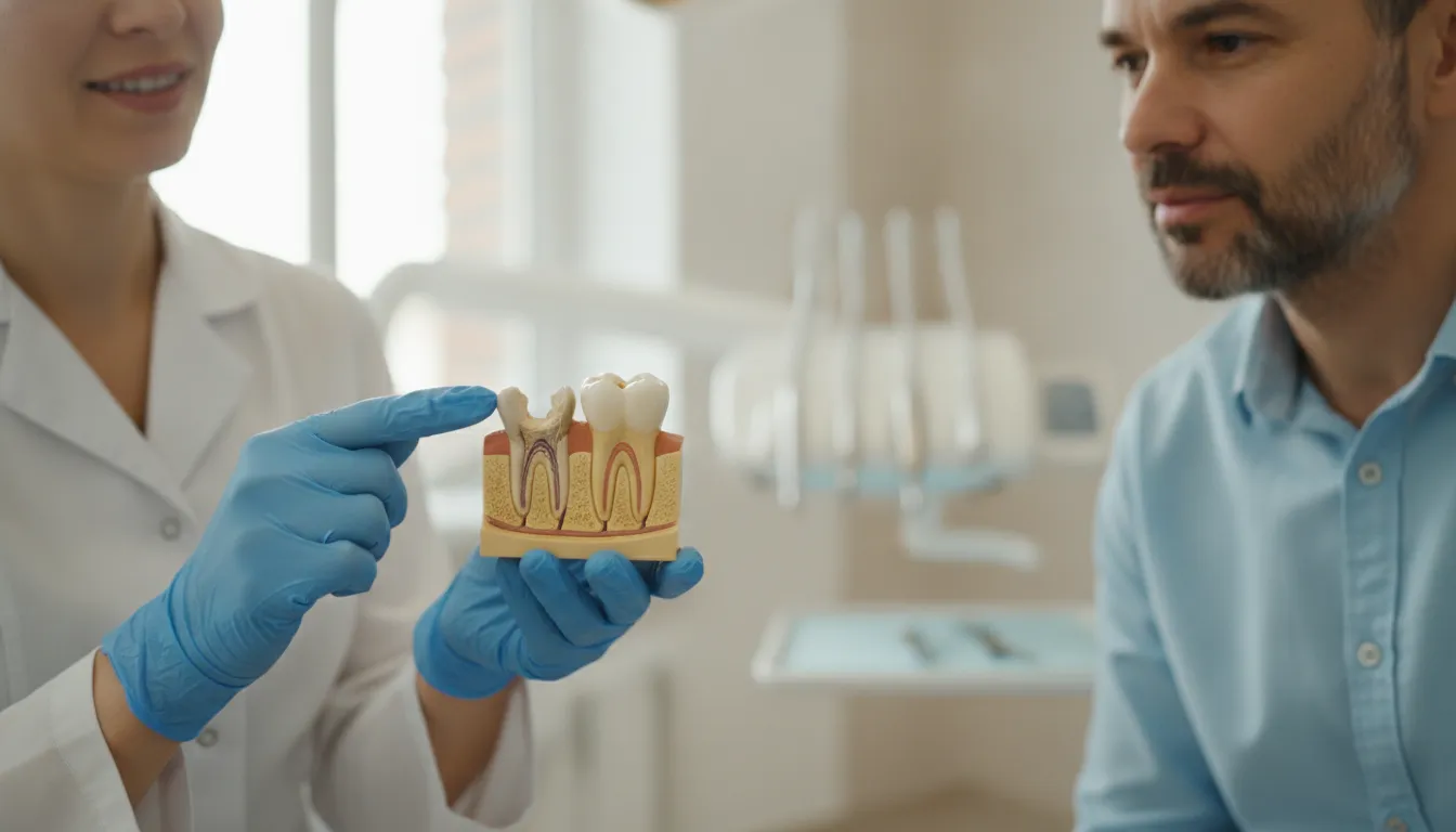 Dental model illustrating a tooth being treated and the surrounding teeth