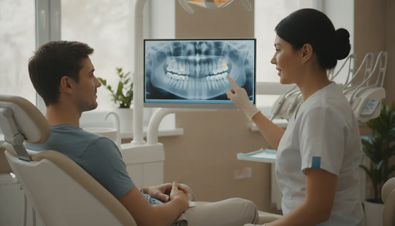 Dentist reviewing a digital dental X-ray with a relaxed patient in a modern office