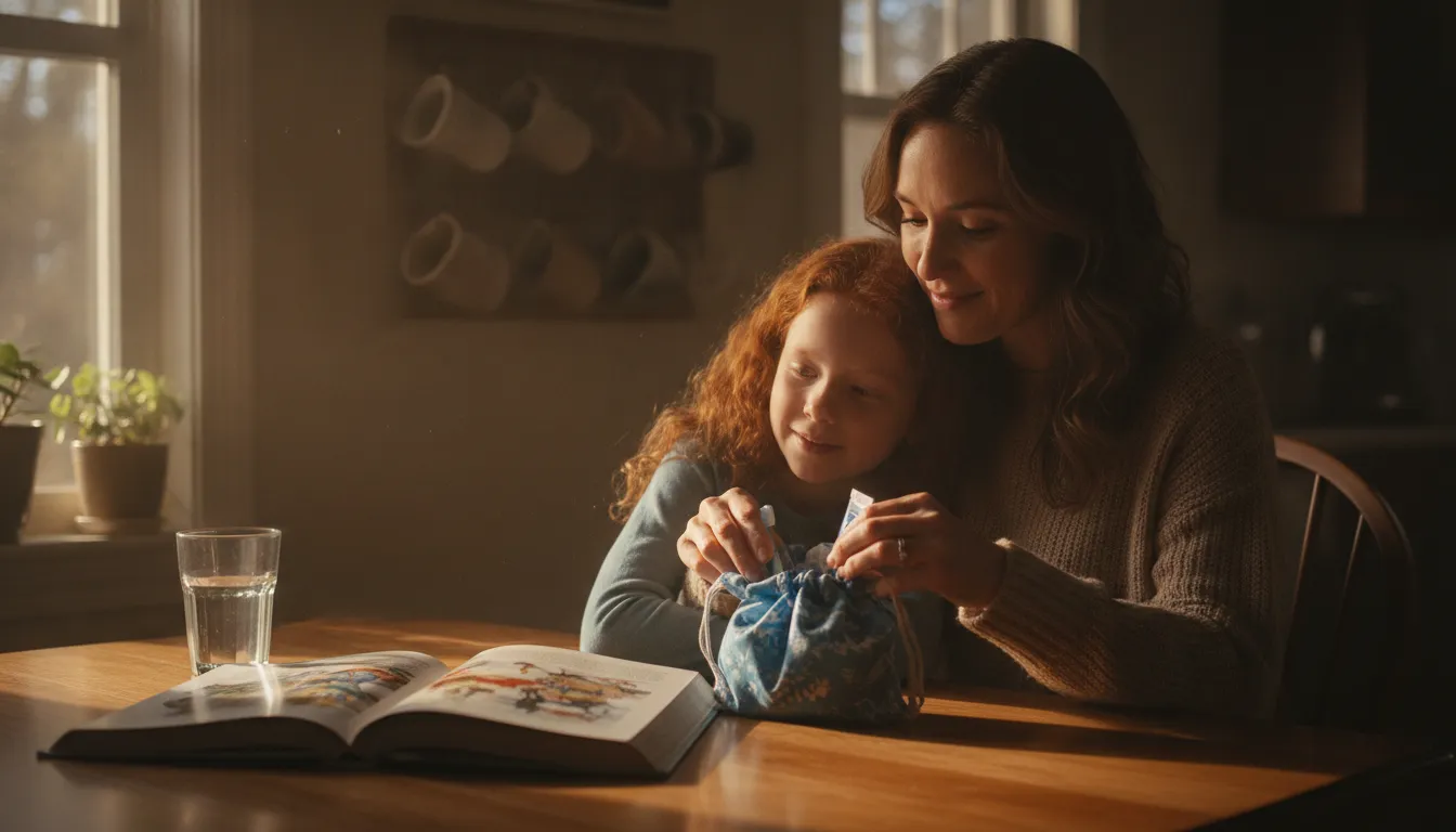 A parent and child at a kitchen table packing a small bag the night before a dental visit