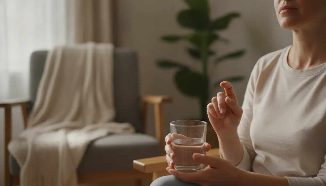Adult practicing calm breathing with water during a stressful day