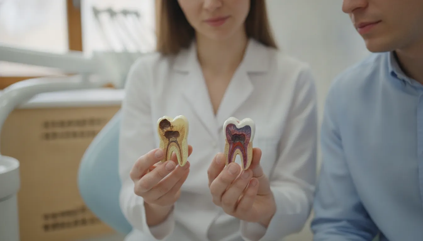 Dentist explaining tooth decay and infection with unmarked tooth models