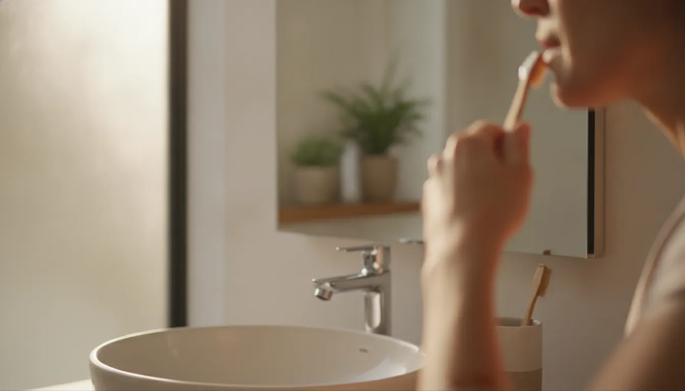 Adult gently brushing teeth with a soft toothbrush