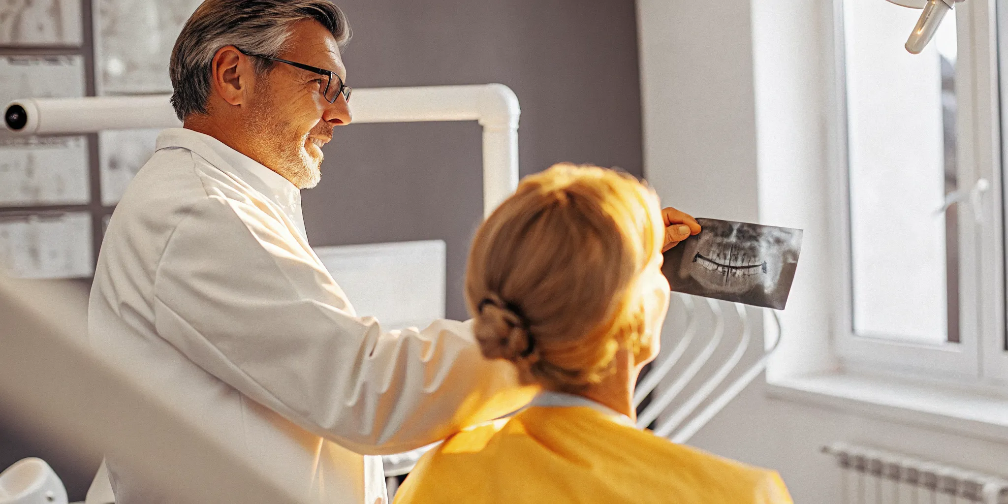 Dentist reviewing an X-ray during an abscessed tooth evaluation in Lowell