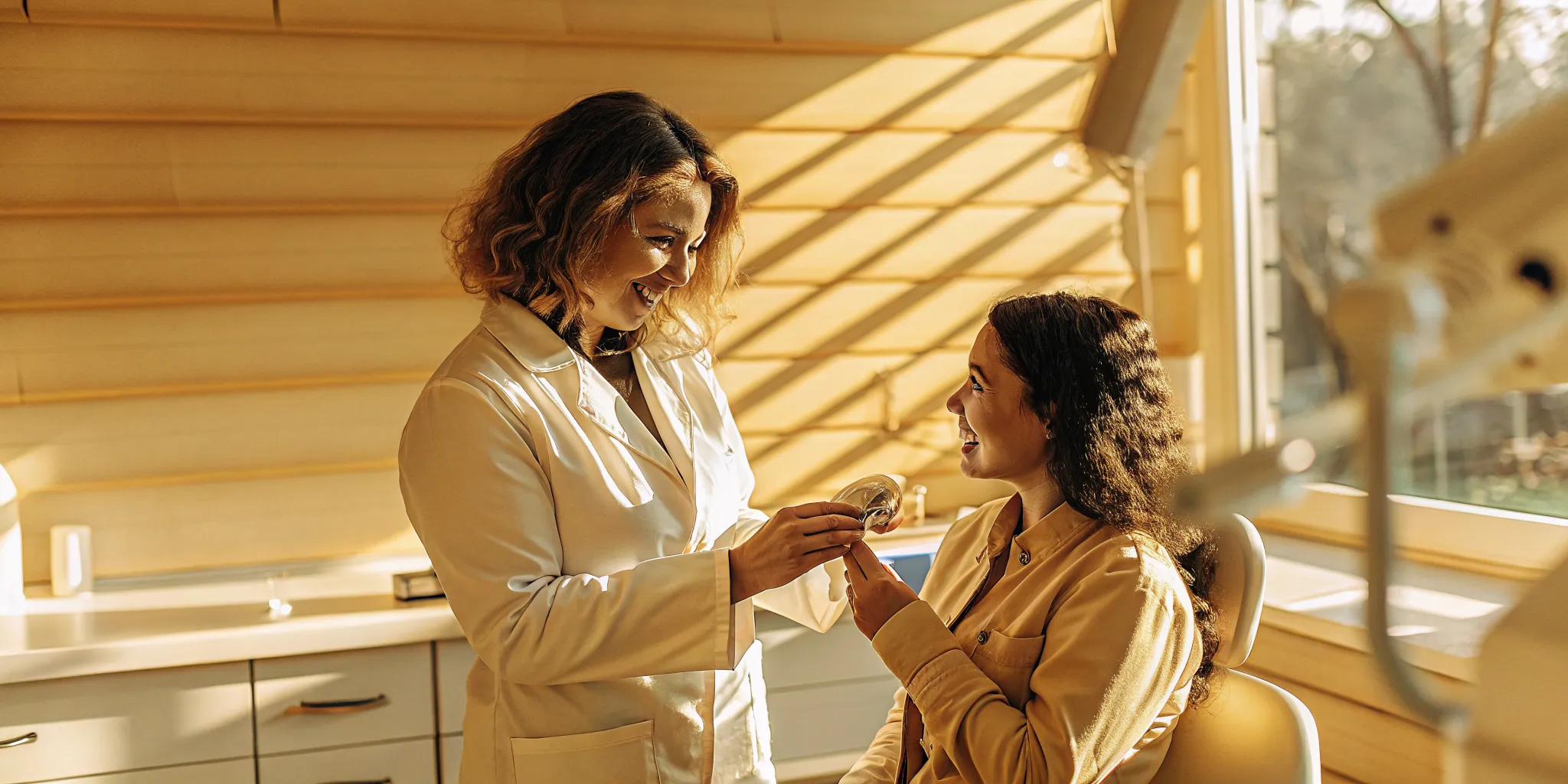Dentist showing a patient a porcelain veneer model during a cosmetic consultation in Lowell, MA