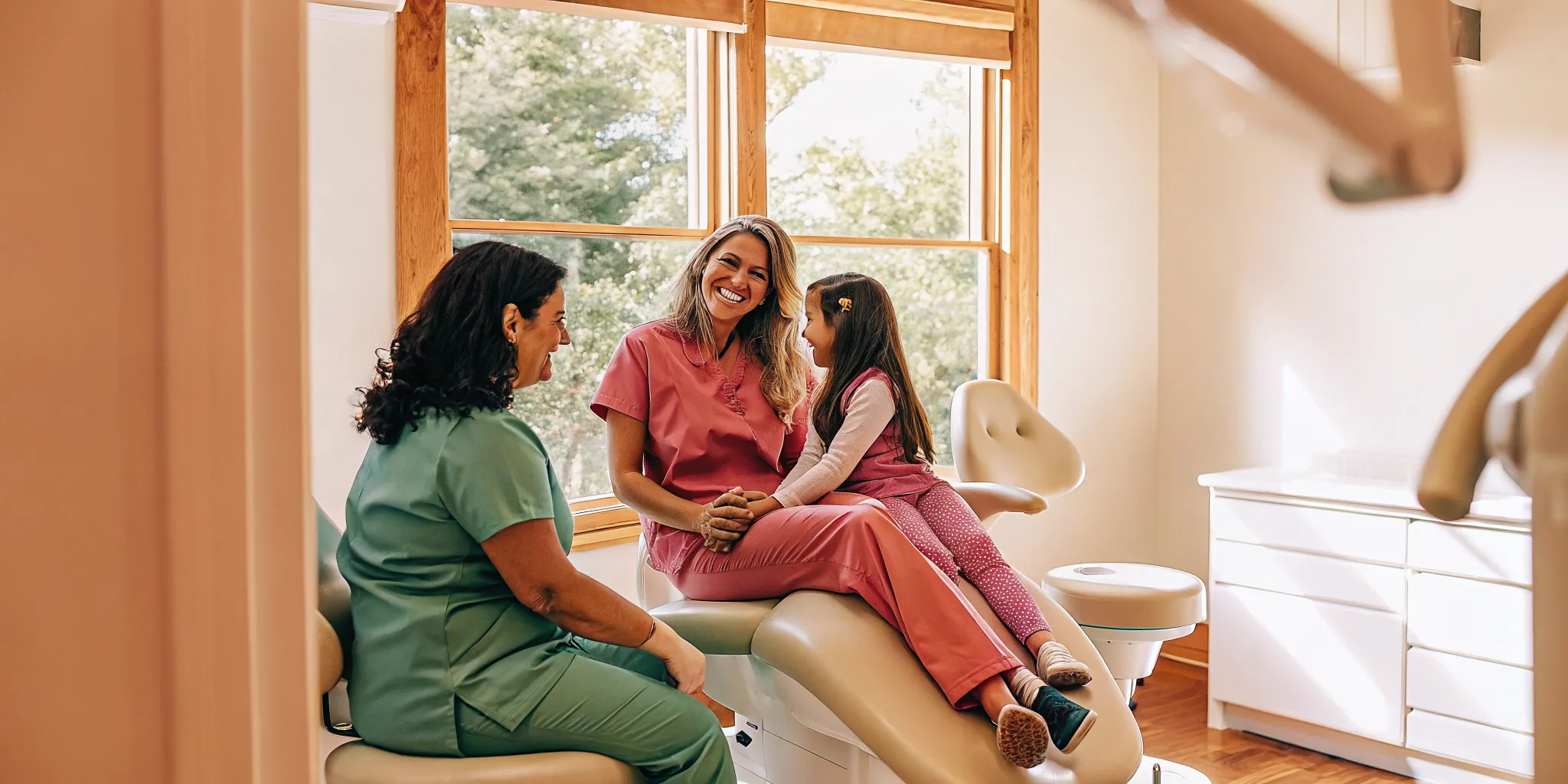 Mother and young daughter preparing for a dental checkup with a hygienist in a Lowell family dental office