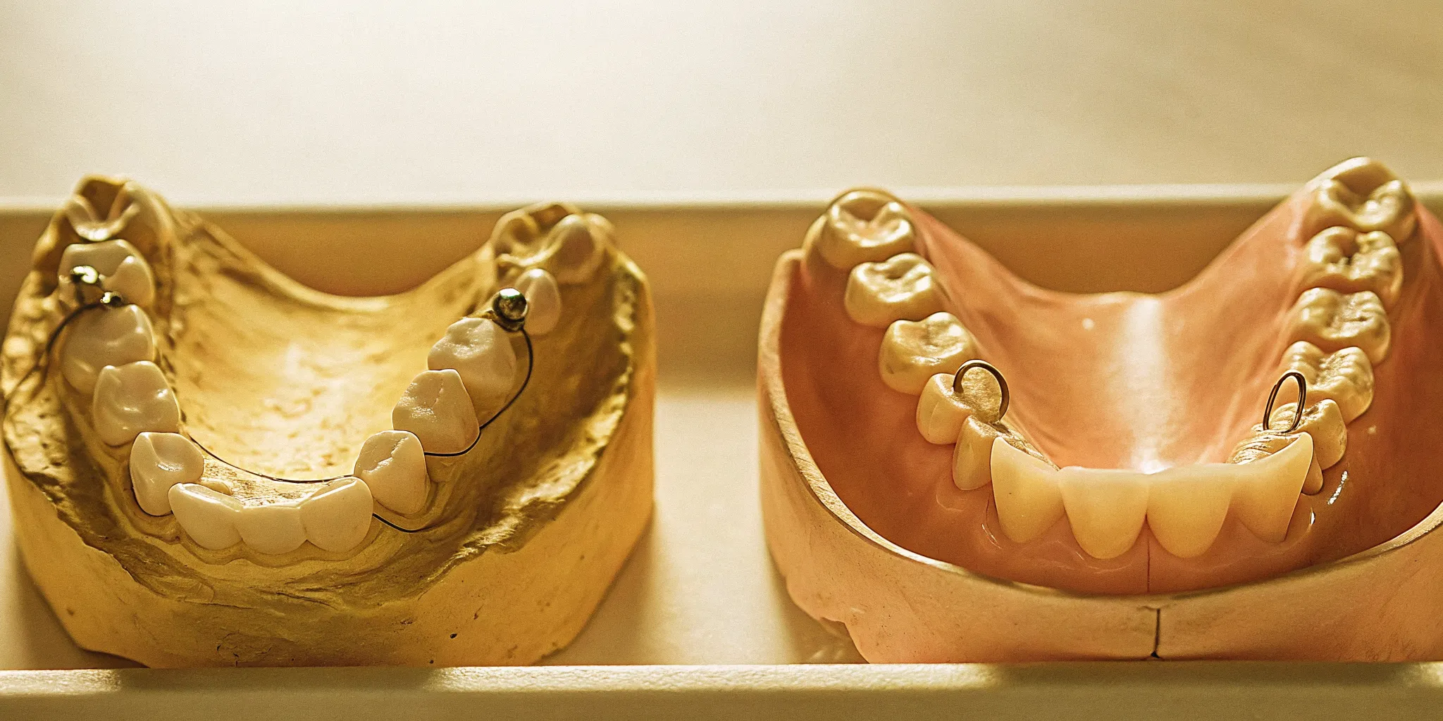 Two types of implant-supported dentures on a dental tray: snap-on overdenture and fixed hybrid bridge comparison