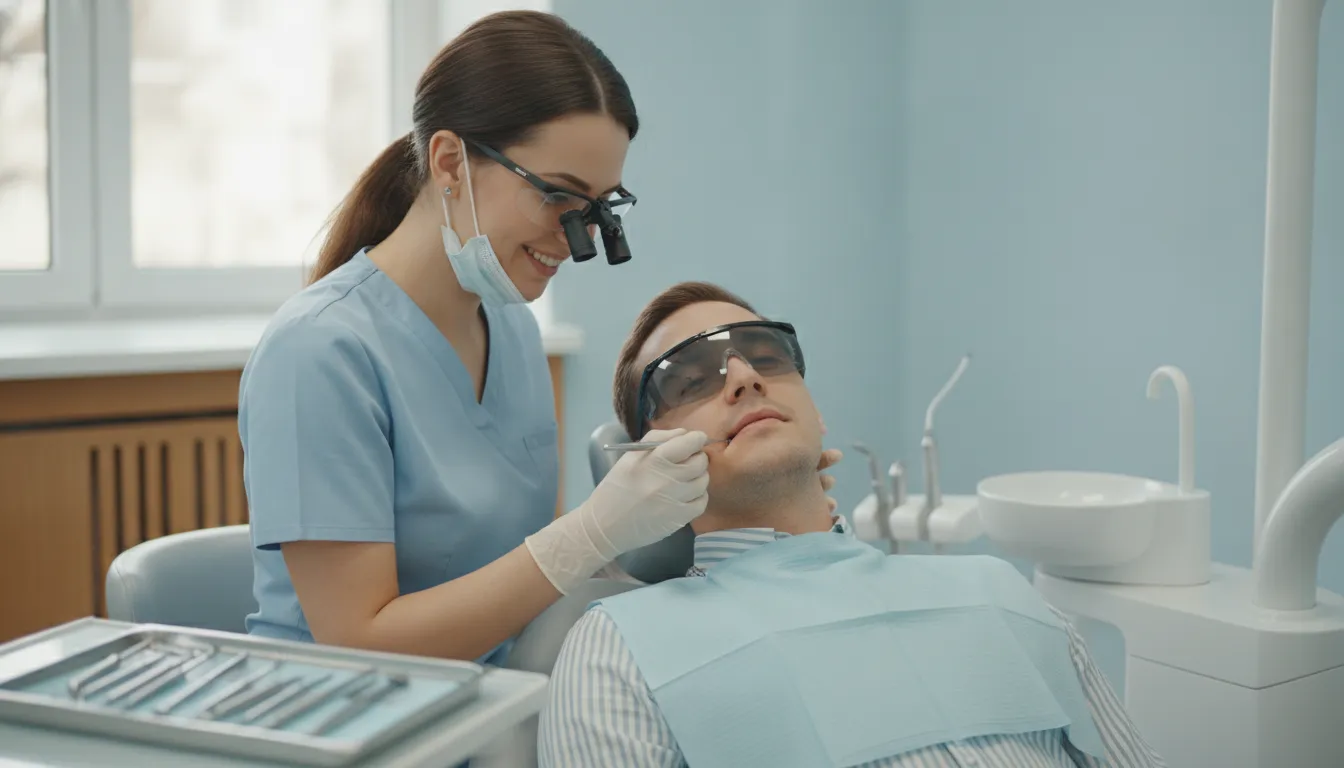 Dentist performing a gentle gum examination on a relaxed patient in a bright modern dental office