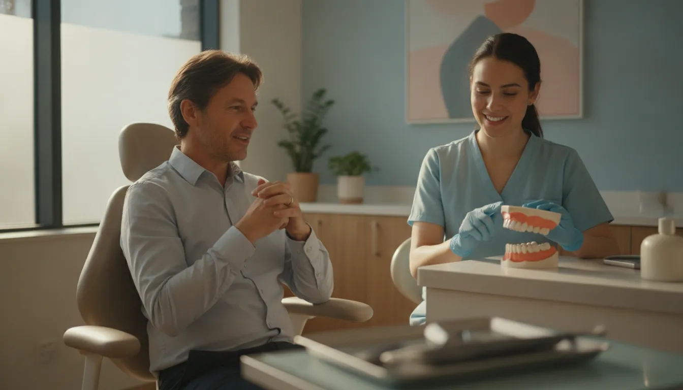 Friendly dental hygienist reviewing preventive care guidance with an adult patient in a calm modern practice