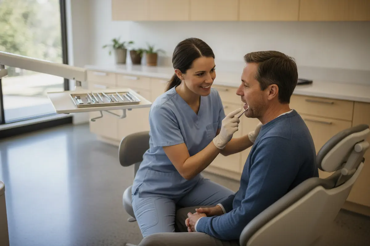 Patient and dental professional discussing gum health and diabetes during a dental visit