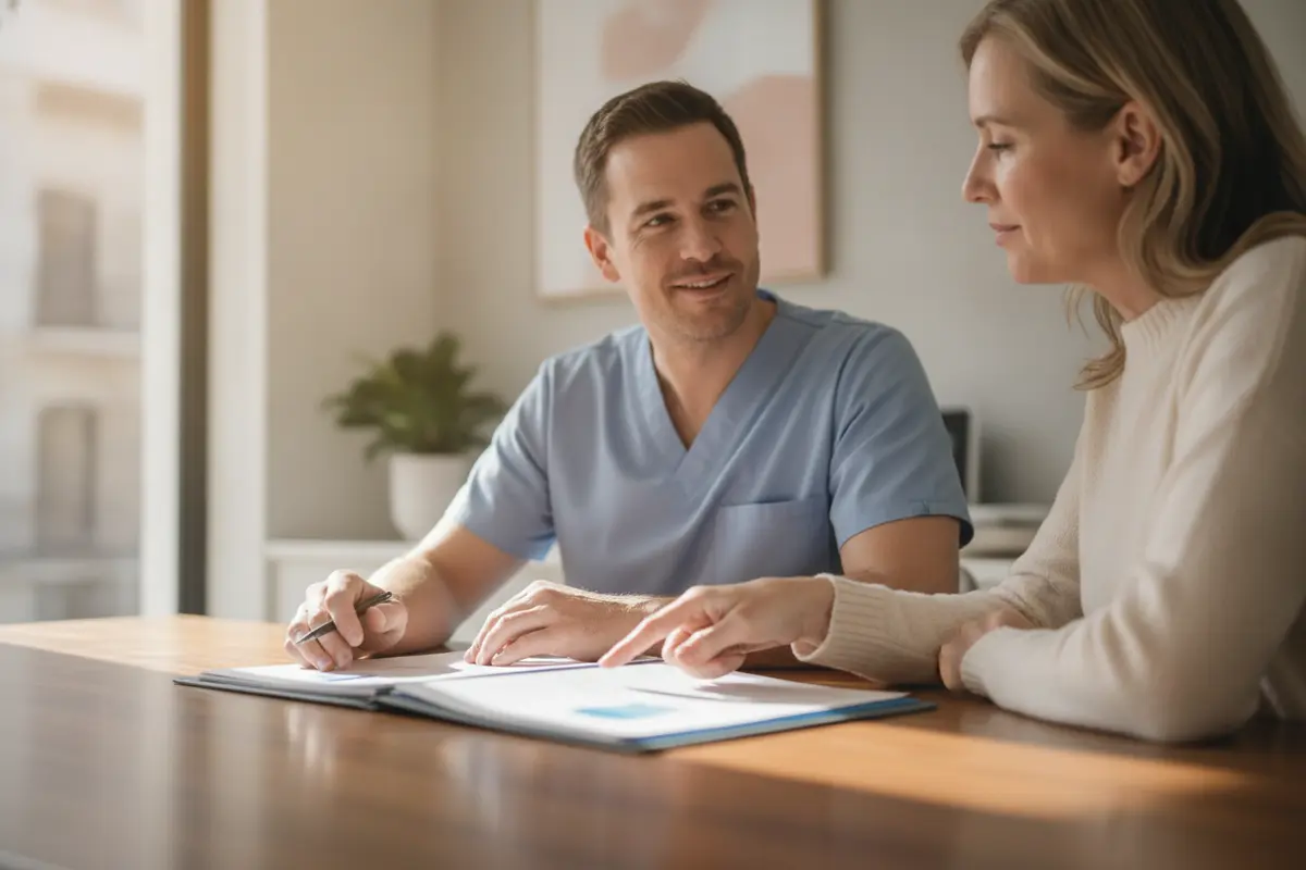 Patient and dental professional reviewing an insurance benefit summary and treatment estimate