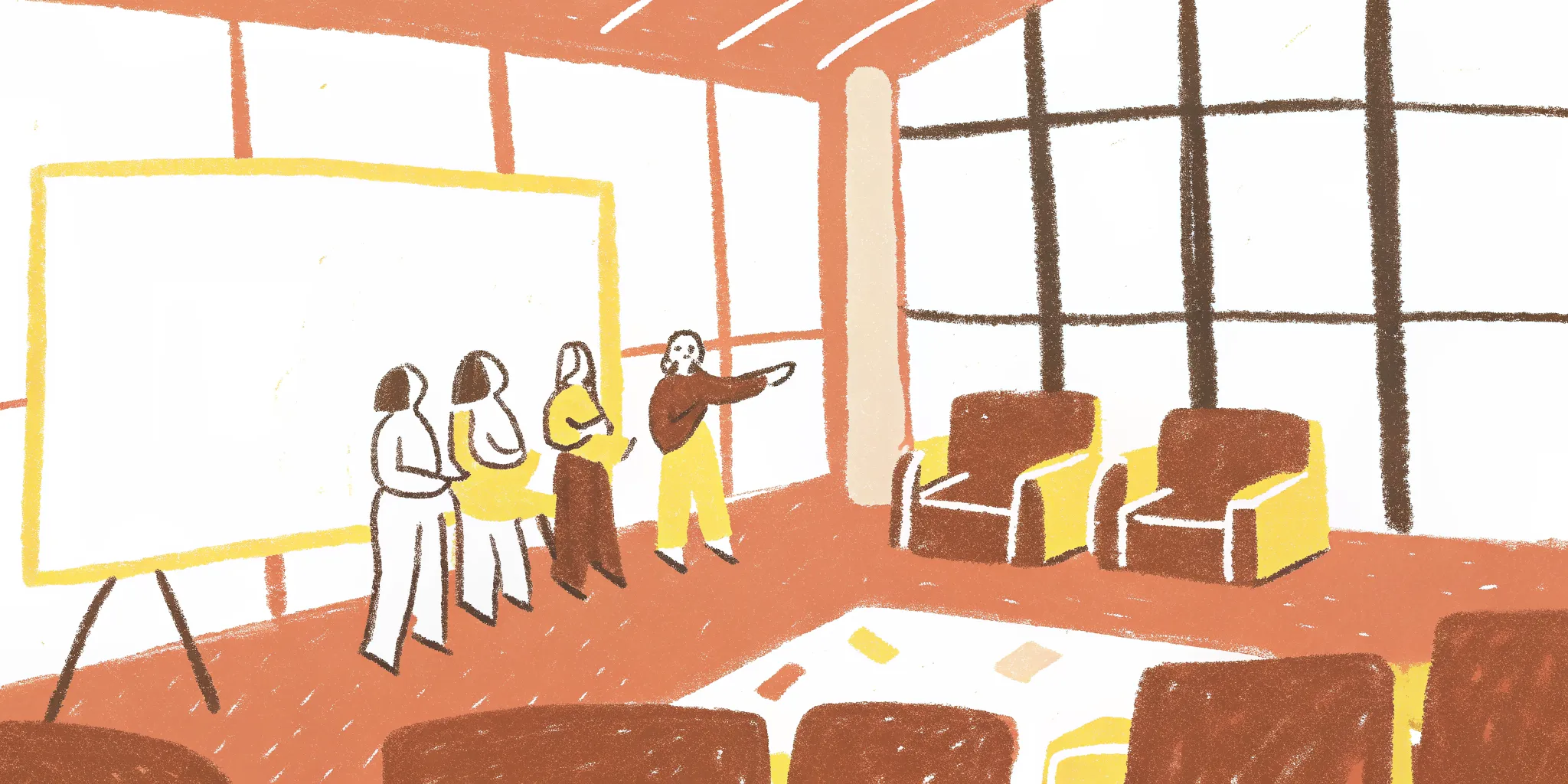 Marketing team discussing the evolution from keyword search to conversational AI search in a modern conference room