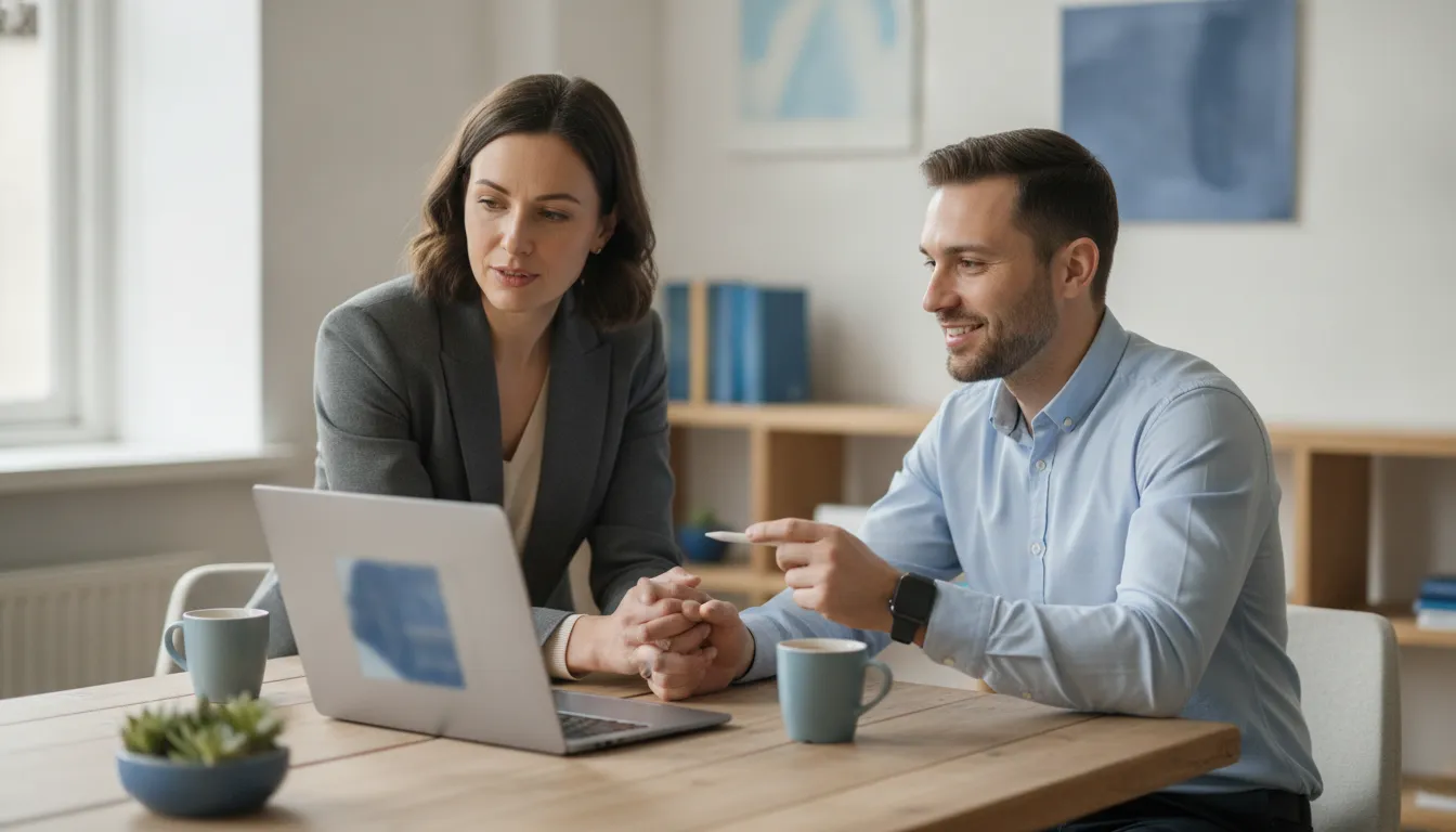 Small business owner reviewing an SEO growth plan with a specialist