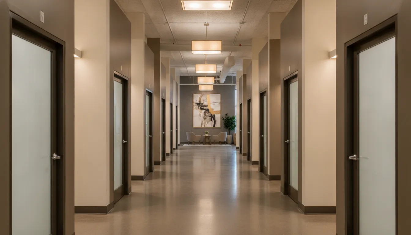 Modern salon suite corridor considered during franchise territory analysis