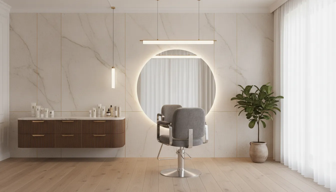 Luxury salon suite with modern styling chair and professional lighting
