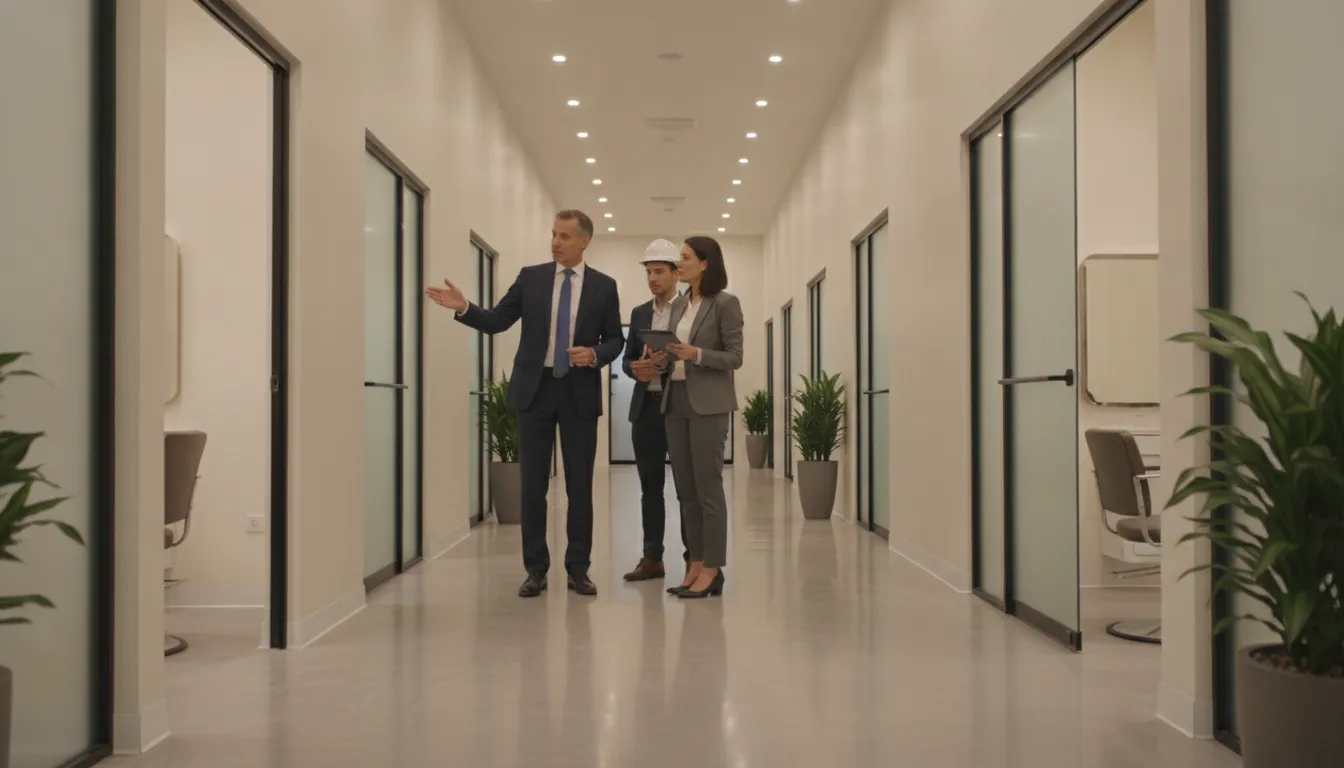 Investor touring a modern salon suite corridor during territory due diligence