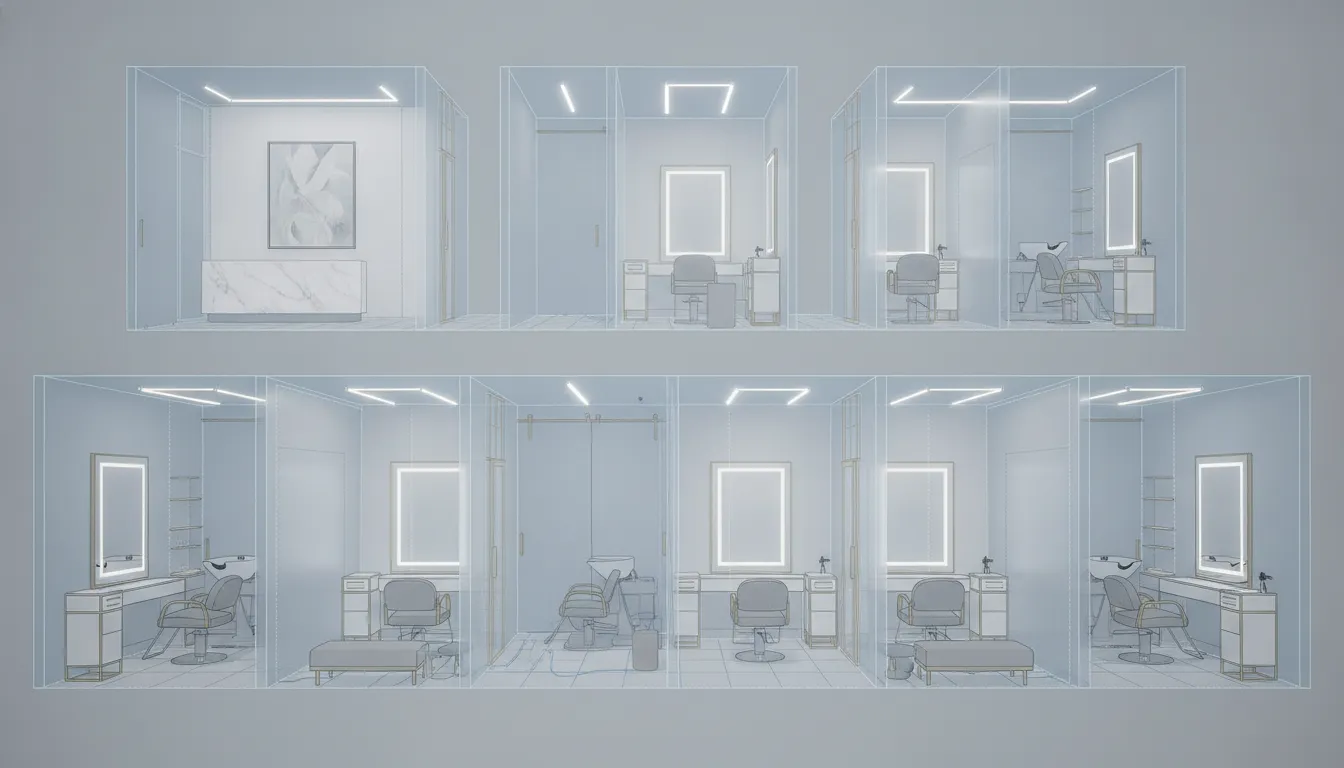 Modern salon suite franchise space during build-out planning