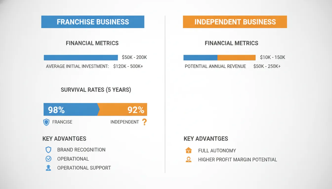 Financial infographic comparing franchise versus independent business survival rates and ROI metrics