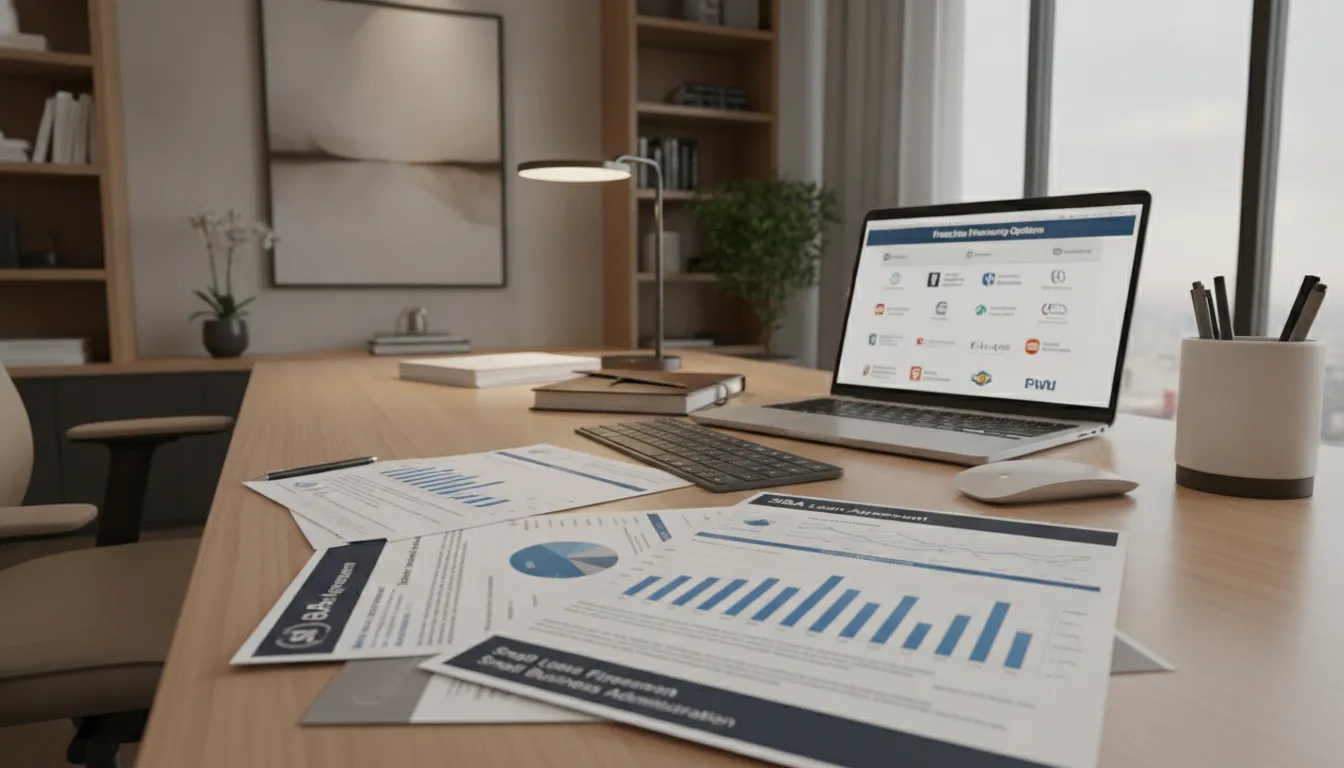Financial planning documents and SBA loan paperwork on a professional investor desk