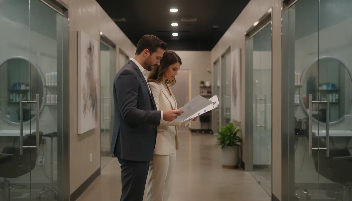 Franchise investor and insurance adviser discussing salon suite franchise insurance requirements