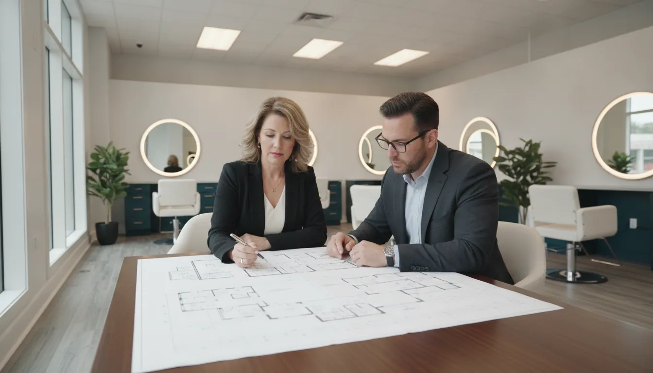 Investor reviewing a salon suite franchise commercial lease and floor plan