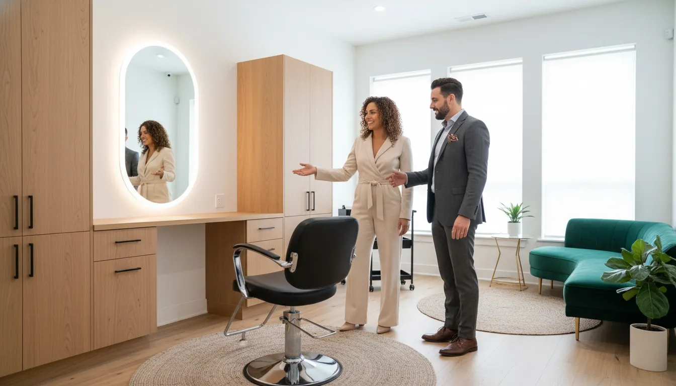 Concierge Manager discussing a salon suite lease-up strategy with a beauty professional